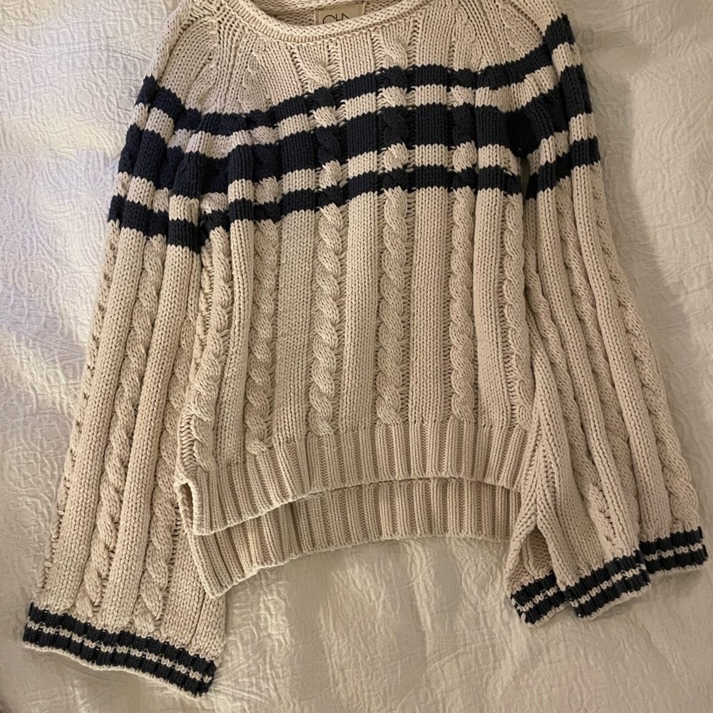 Striped Cable Knit Sweater - Cream and Navy